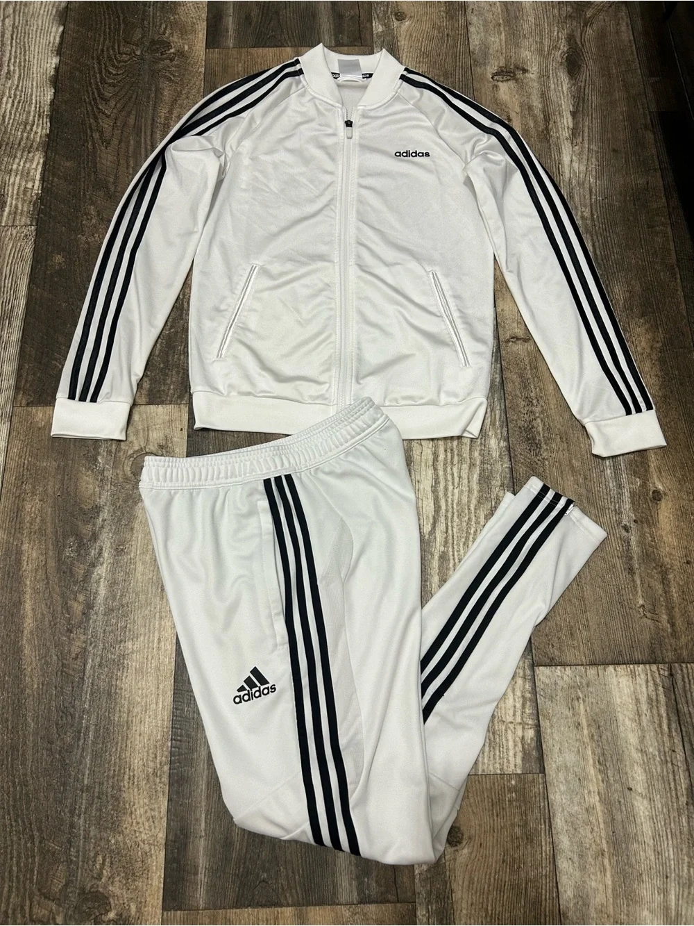 Adidas Essentials 3-Stripes Set Pants & Jacket Size S White Black  Full Zip